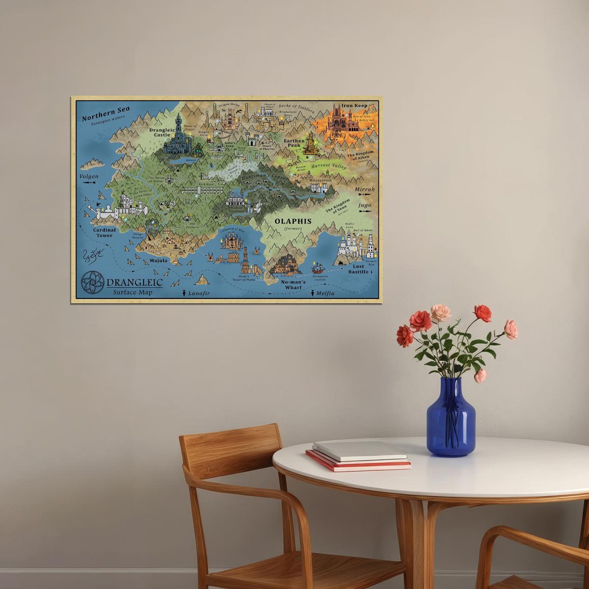 Dark Souls Video Game Poster Drangleic Surface Map Print Fantasy RPG Gamer Wall Art Dark Medieval Decor