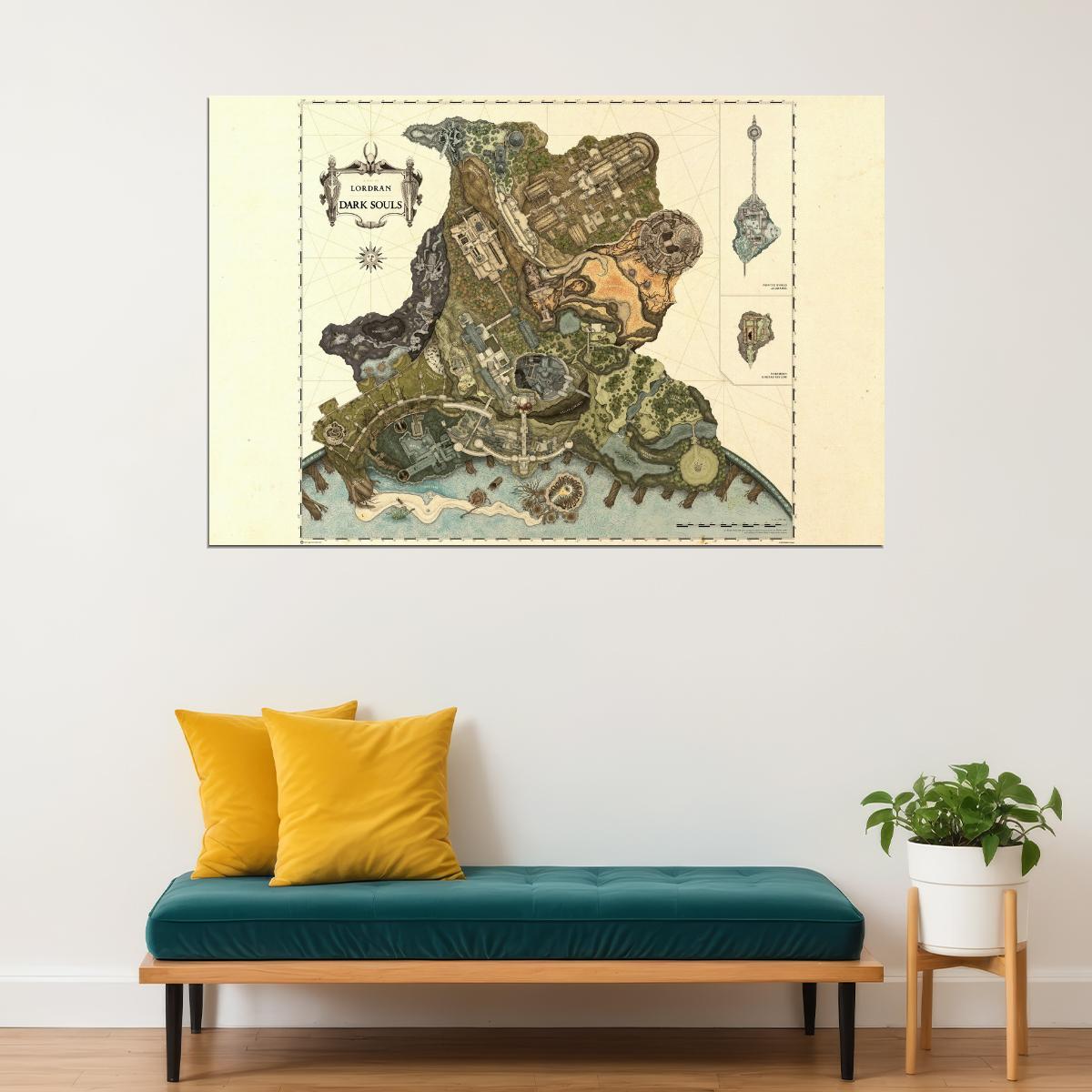 Dark Souls Video Game Poster Lordran World Map Print Fantasy RPG Gamer Wall Art Medieval Gaming Decor