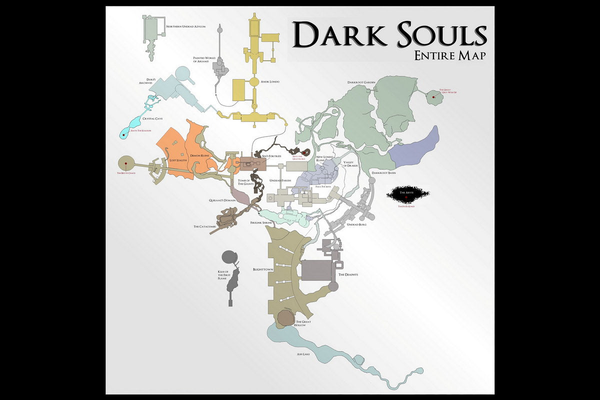 Dark Souls Map Poster Lordran Region Print Dark Fantasy RPG Wall Art Gamer Room Decor Video Game Artwork