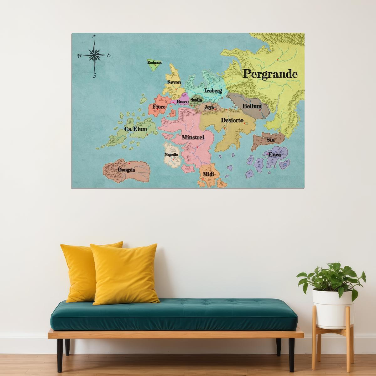 Fairy Tail Anime Poster Fiore The Flower Kingdom Map Print Japanese Manga Wall Art Otaku Room Decor