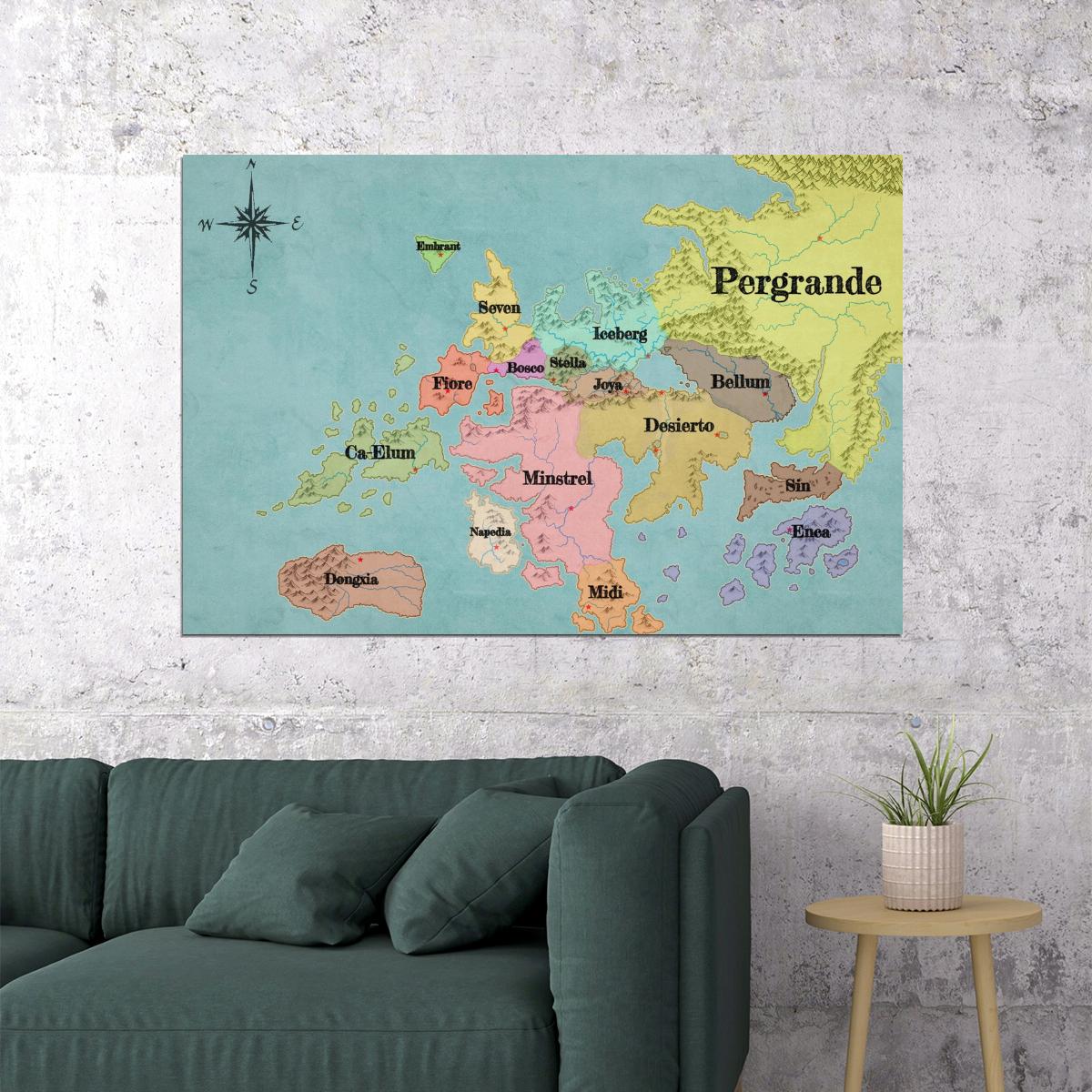 Fairy Tail Anime Poster Fiore The Flower Kingdom Map Print Japanese Manga Wall Art Otaku Room Decor