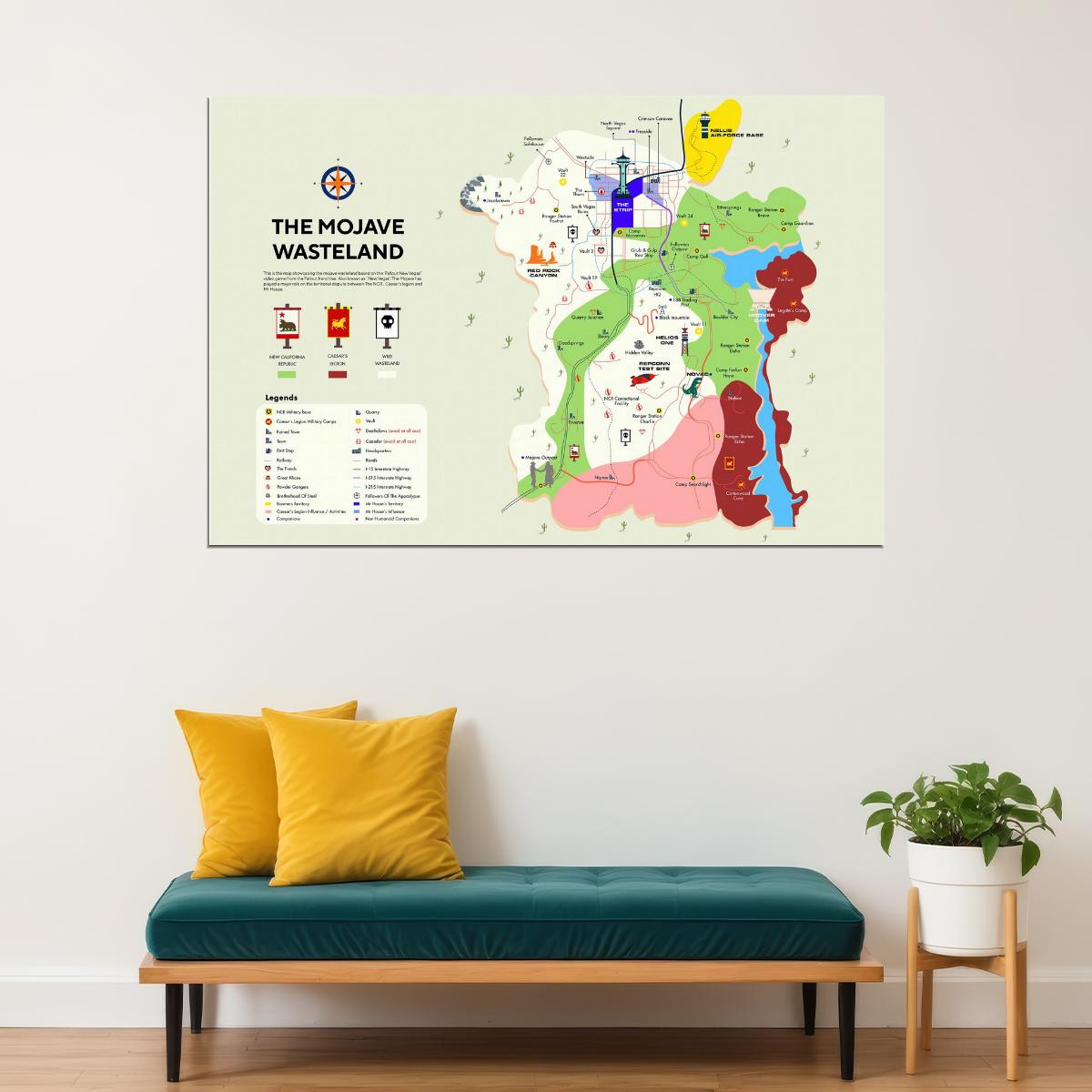 Fallout New Vegas Video Game Poster Mojave Wasteland Map Print Retro Futuristic Gamer Wall Art Decor