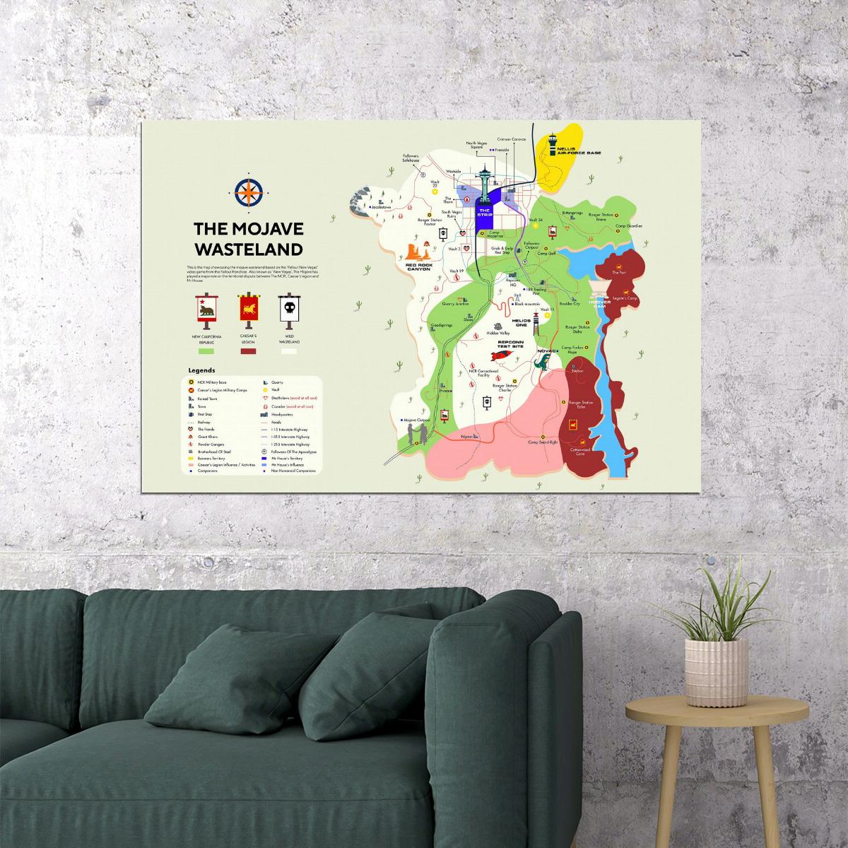 Fallout New Vegas Video Game Poster Mojave Wasteland Map Print Retro Futuristic Gamer Wall Art Decor