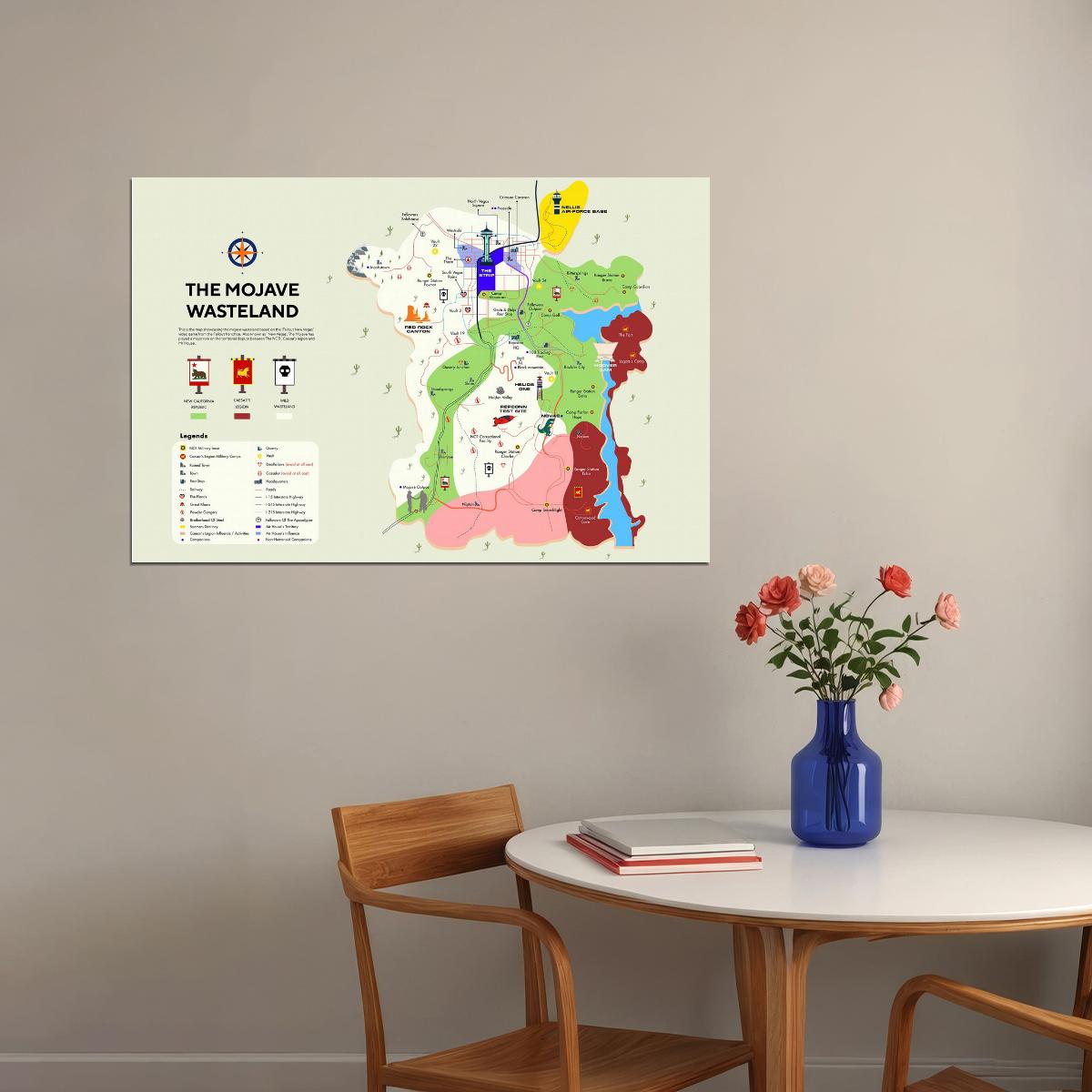 Fallout New Vegas Video Game Poster Mojave Wasteland Map Print Retro Futuristic Gamer Wall Art Decor