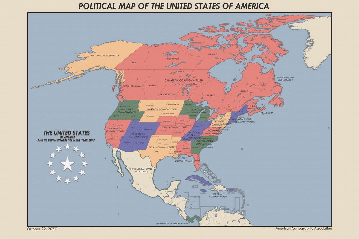 Fallout Video Game Poster Political Map of USA and Commonwealth 2077 Print Sci-Fi Retro Wall Art Decor