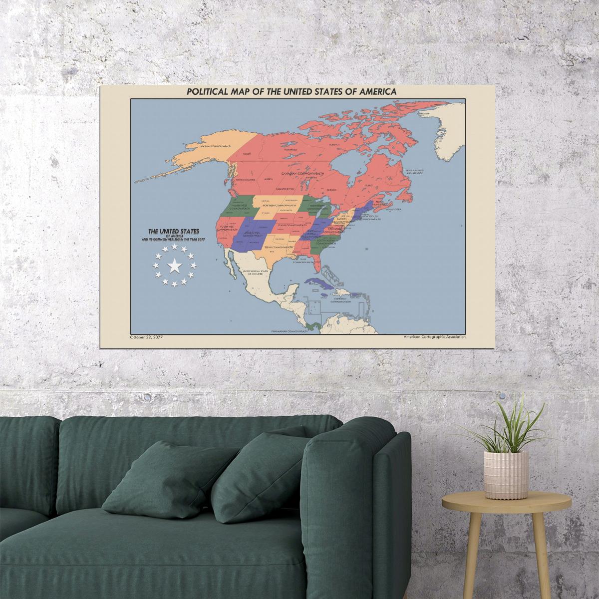 Fallout Video Game Poster Political Map of USA and Commonwealth 2077 Print Sci-Fi Retro Wall Art Decor