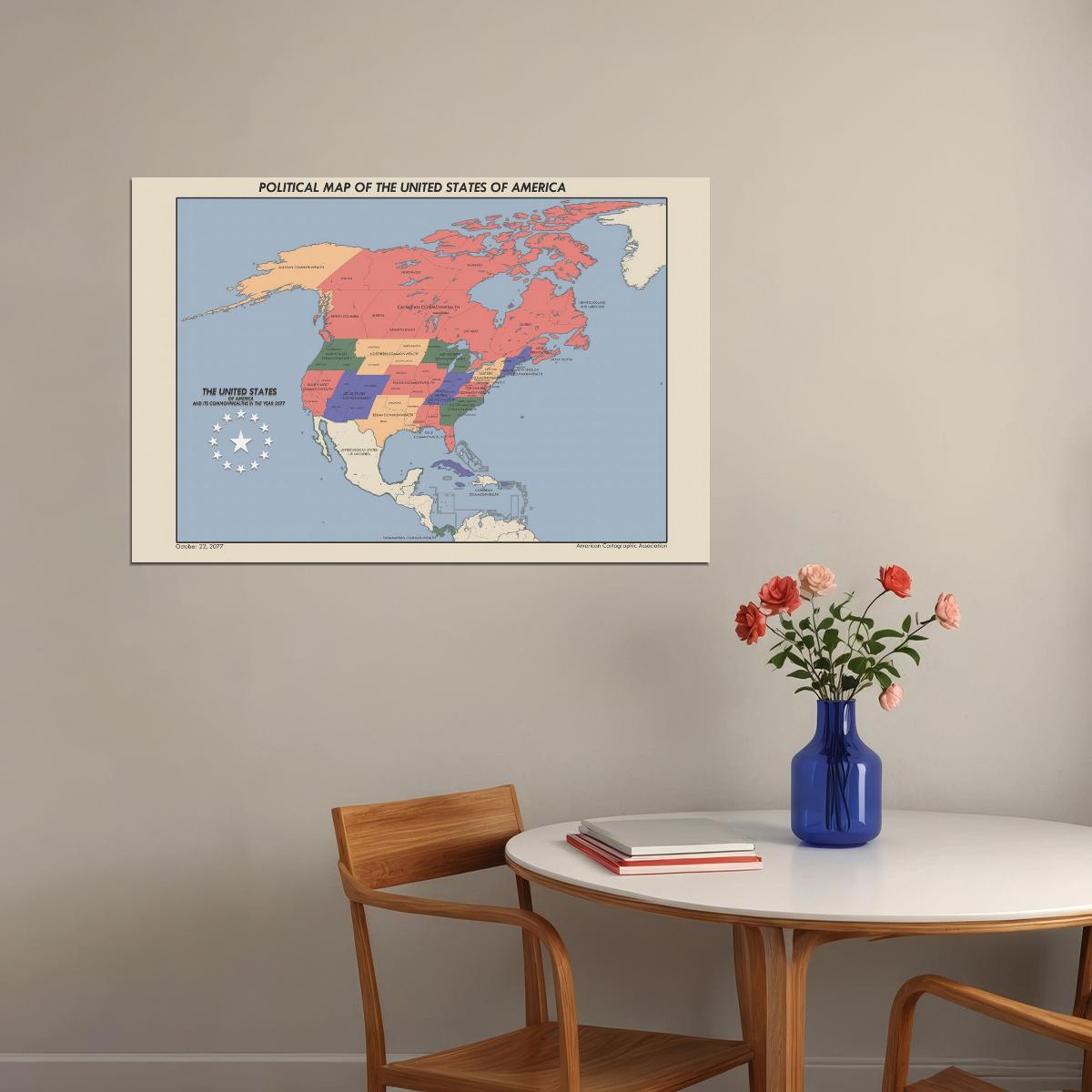Fallout Video Game Poster Political Map of USA and Commonwealth 2077 Print Sci-Fi Retro Wall Art Decor