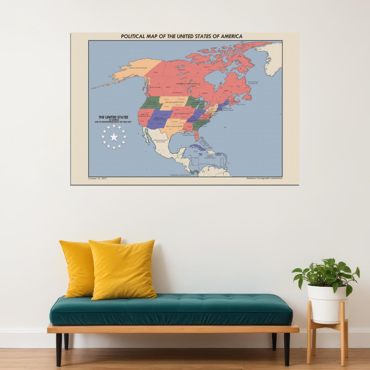 Fallout Video Game Poster Political Map of USA and Commonwealth 2077 Print Sci-Fi Retro Wall Art Decor