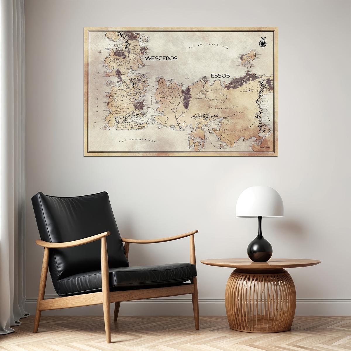Game of Thrones TV Series Poster Westeros and Essos Map Print Fantasy Book Wall Art Medieval Decor
