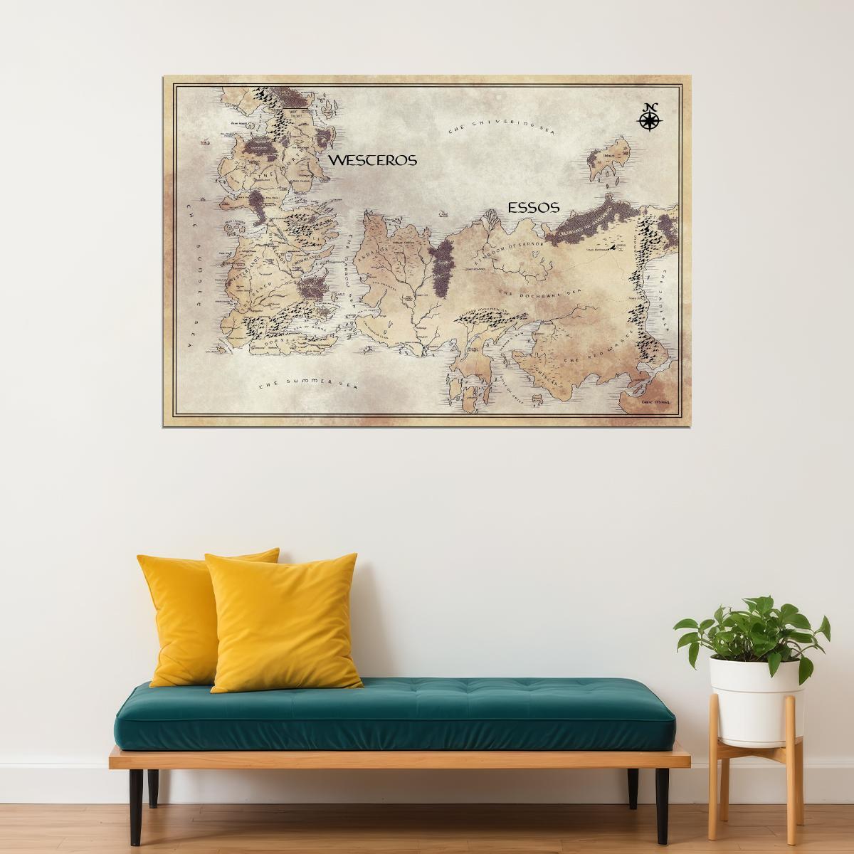 Game of Thrones TV Series Poster Westeros and Essos Map Print Fantasy Book Wall Art Medieval Decor