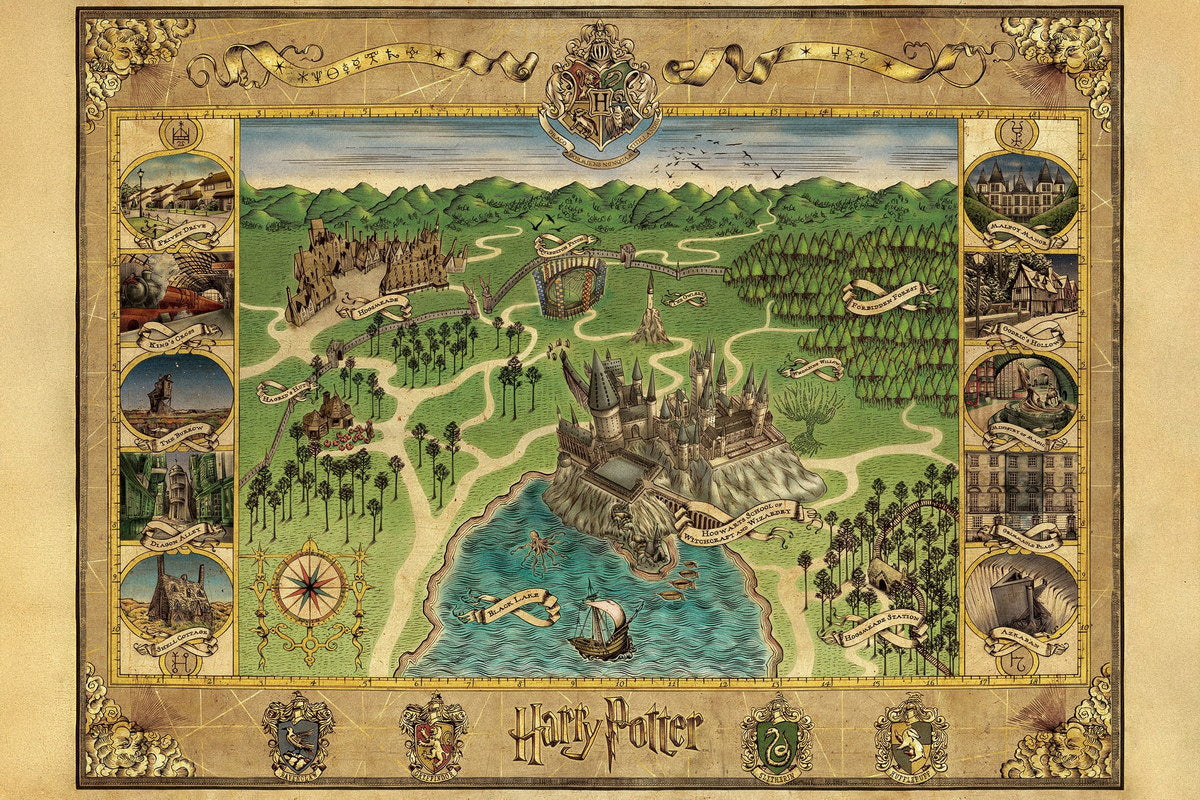 Harry Potter Poster Hogwarts and Hogsmeade Map Print Fantasy Book Video Game Wall Art Wizarding Decor