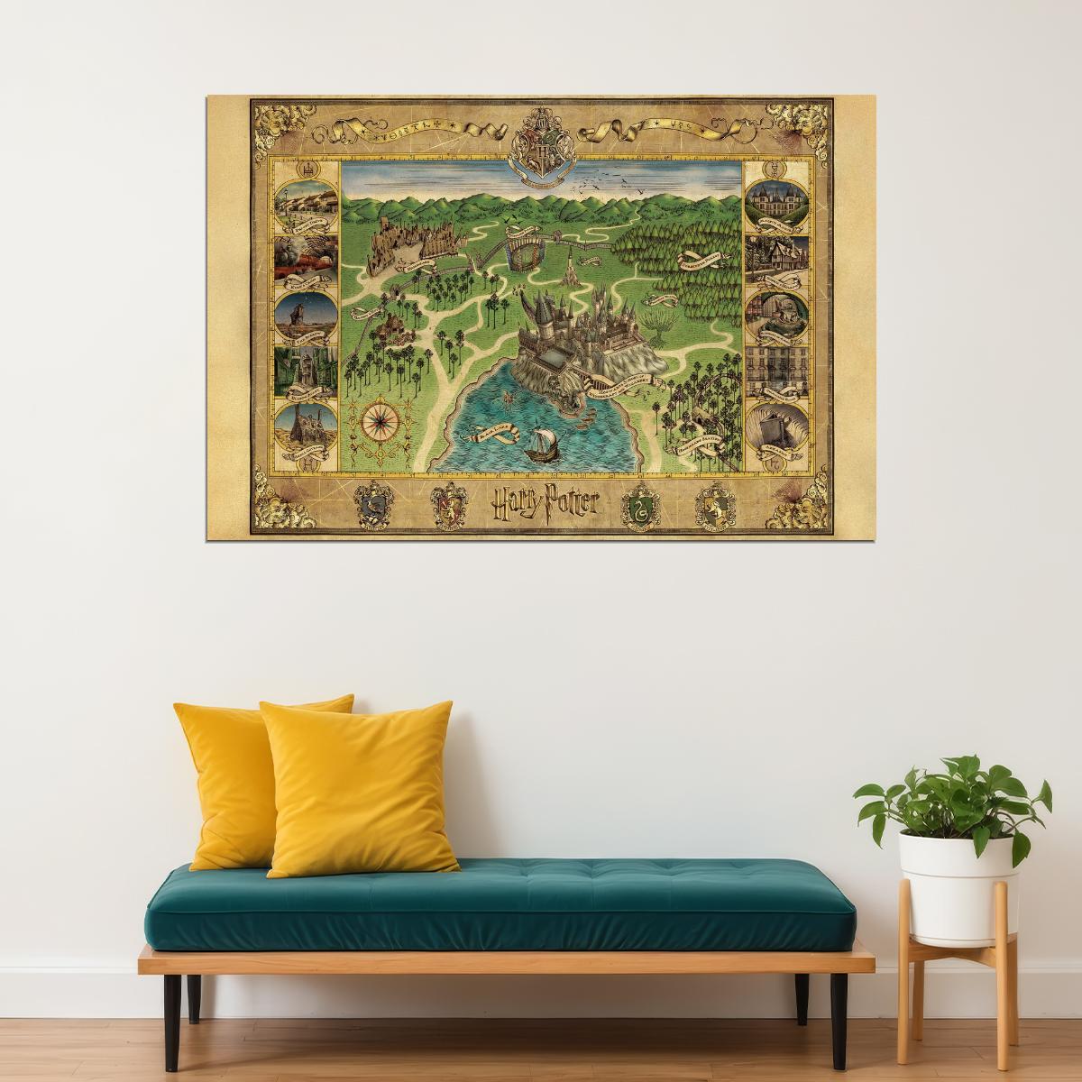 Harry Potter Poster Hogwarts and Hogsmeade Map Print Fantasy Book Video Game Wall Art Wizarding Decor