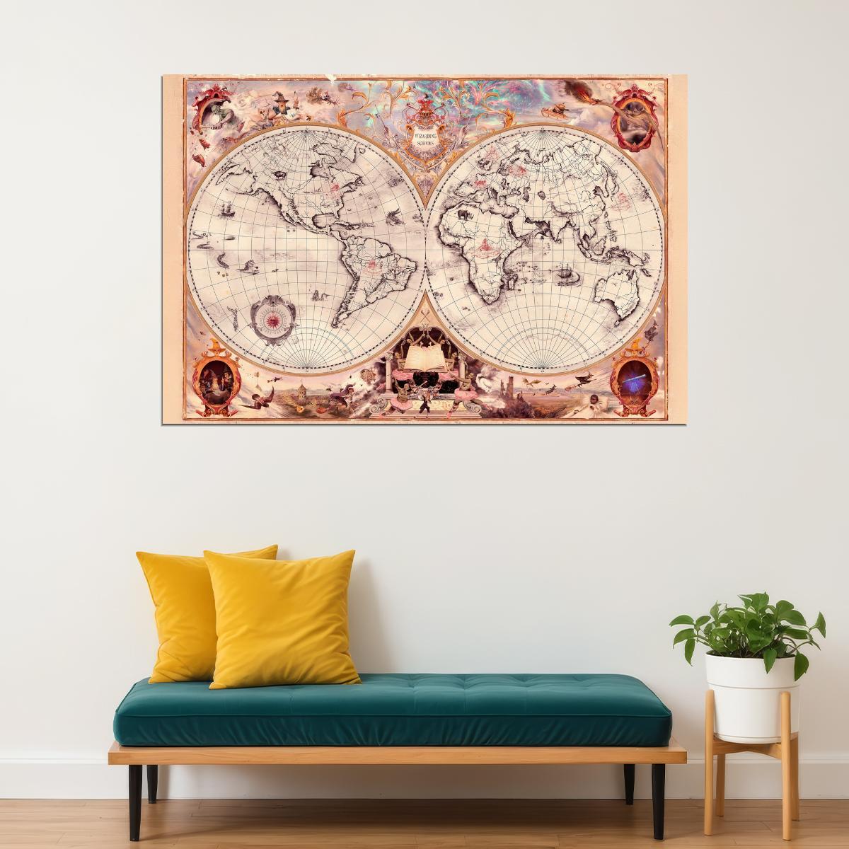 Harry Potter Poster Wizarding Schools Map Print Fantasy World Wall Art Magical Book Video Game Decor