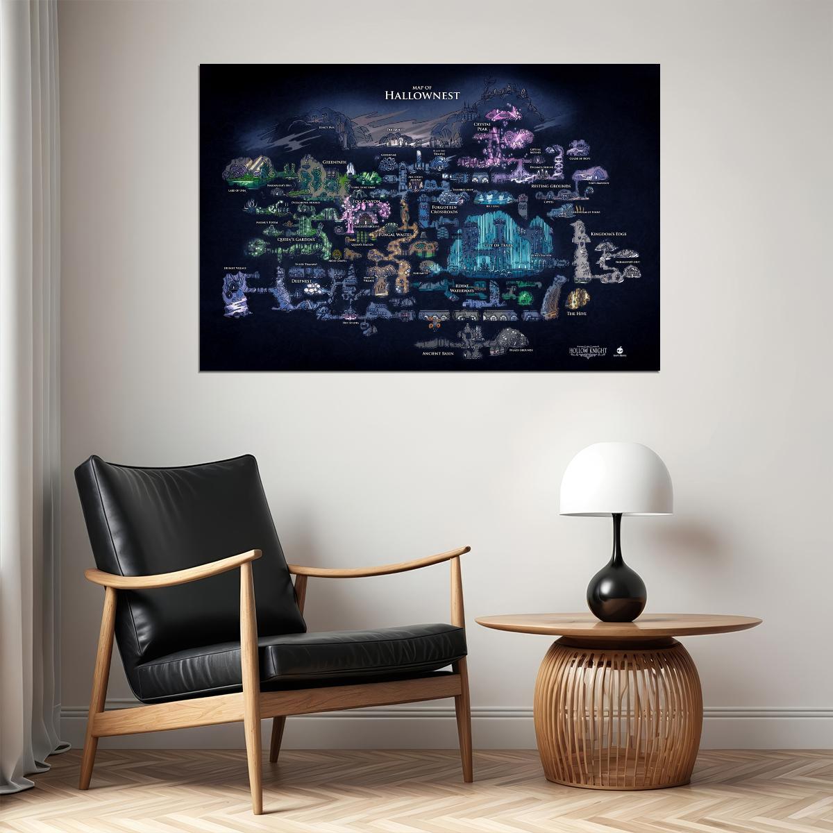 Hollow Knight Video Game Poster Hallownest Map Print Fantasy Metroidvania Wall Art Indie Gamer Decor