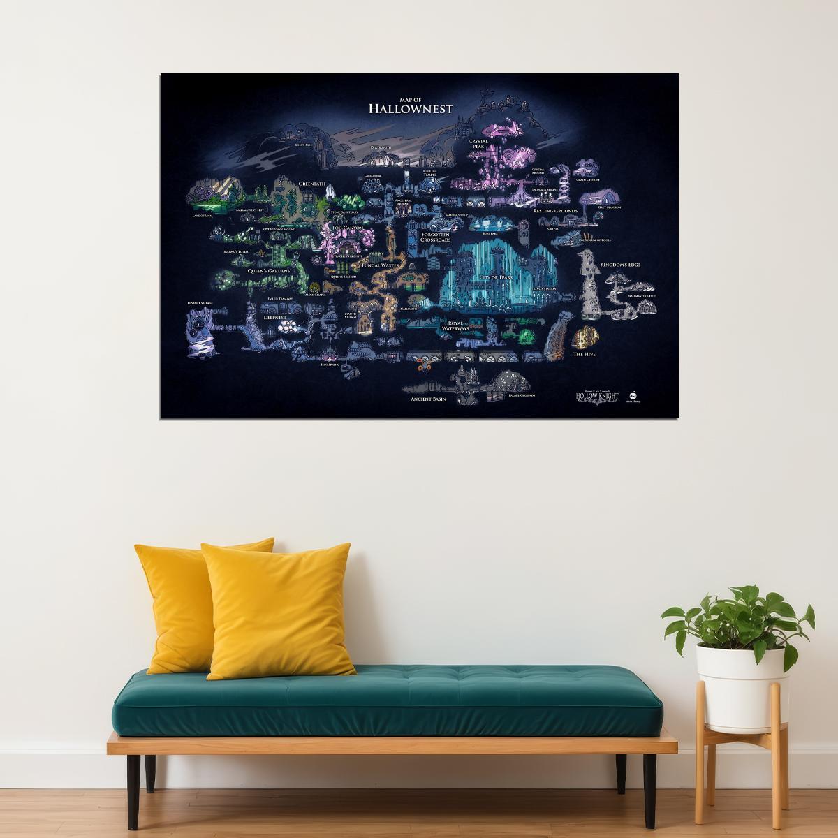 Hollow Knight Video Game Poster Hallownest Map Print Fantasy Metroidvania Wall Art Indie Gamer Decor