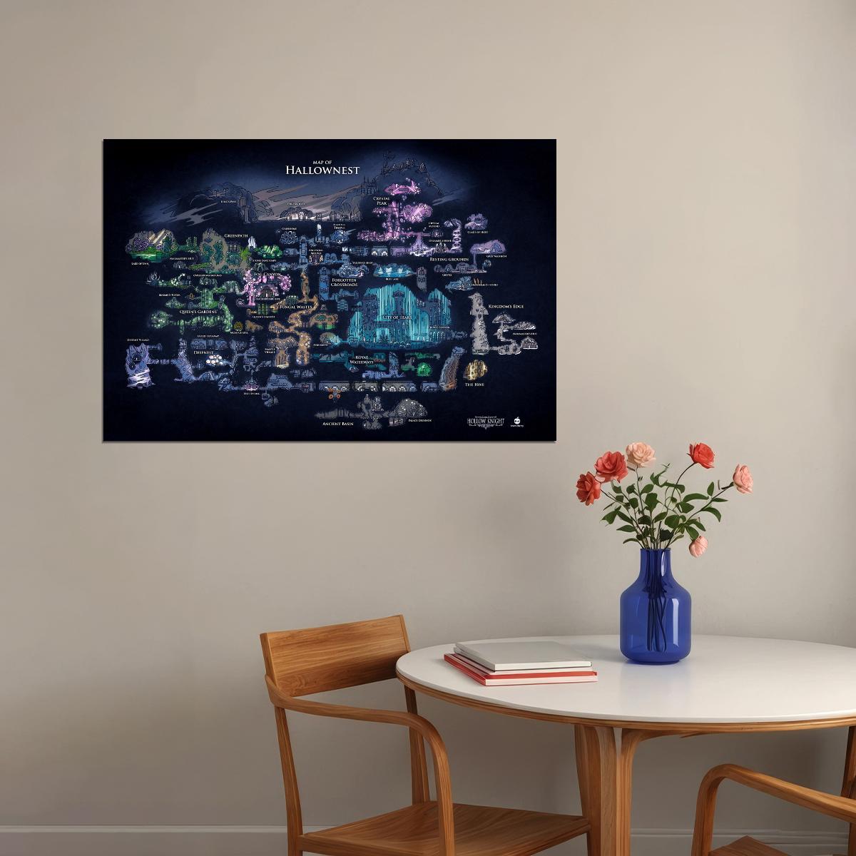 Hollow Knight Video Game Poster Hallownest Map Print Fantasy Metroidvania Wall Art Indie Gamer Decor