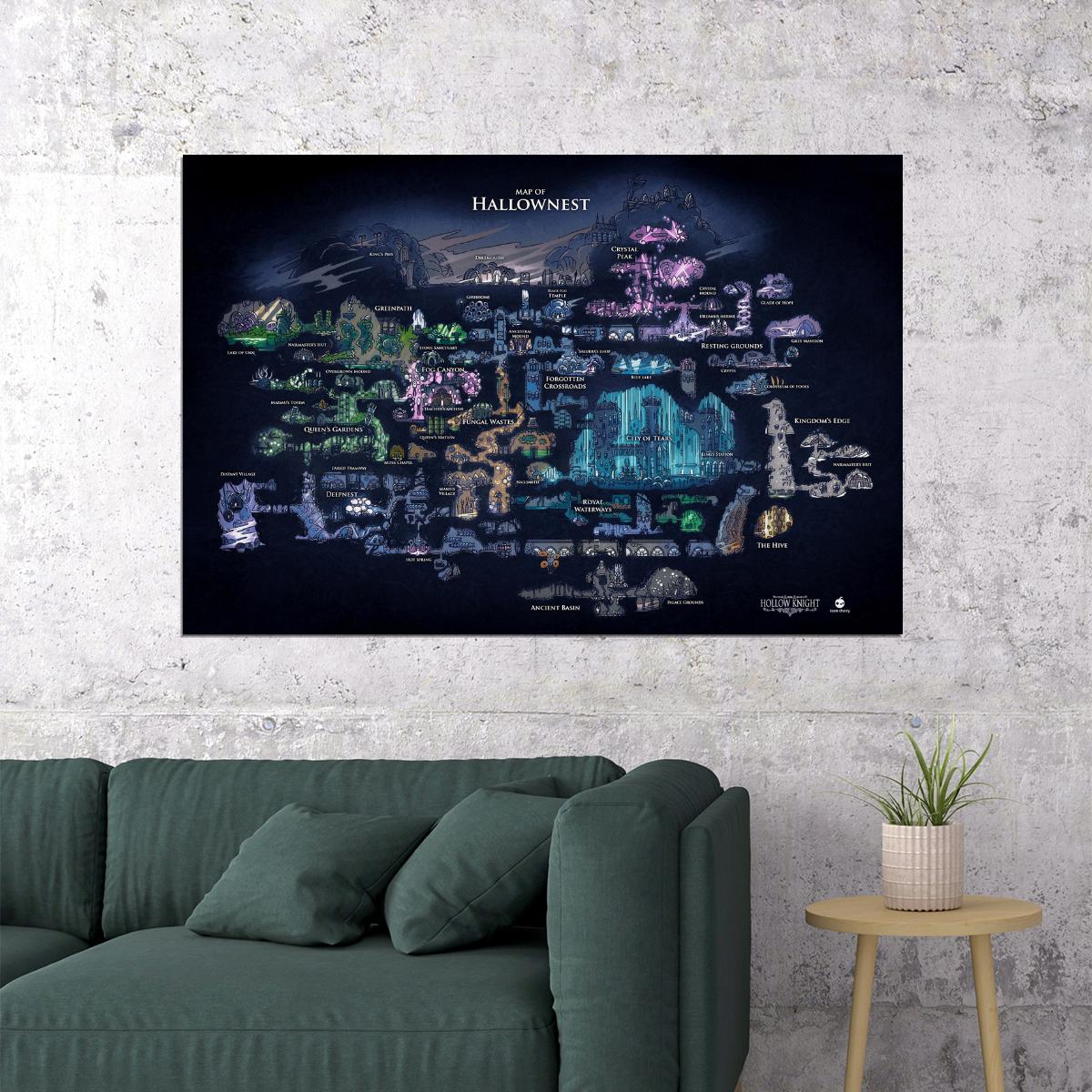 Hollow Knight Video Game Poster Hallownest Map Print Fantasy Metroidvania Wall Art Indie Gamer Decor