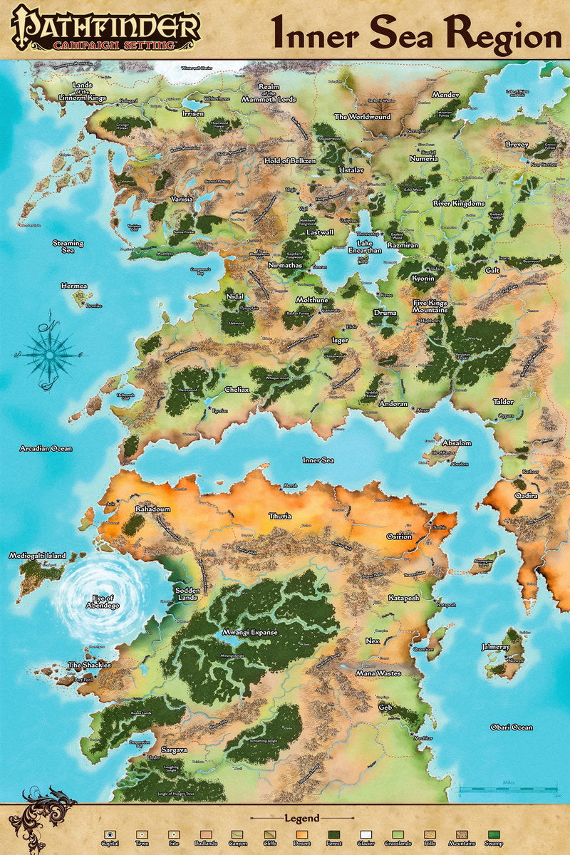 Pathfinder Campaign Setting Poster Golarion Inner Sea Region Map Print Fantasy Tabletop RPG Wall Art