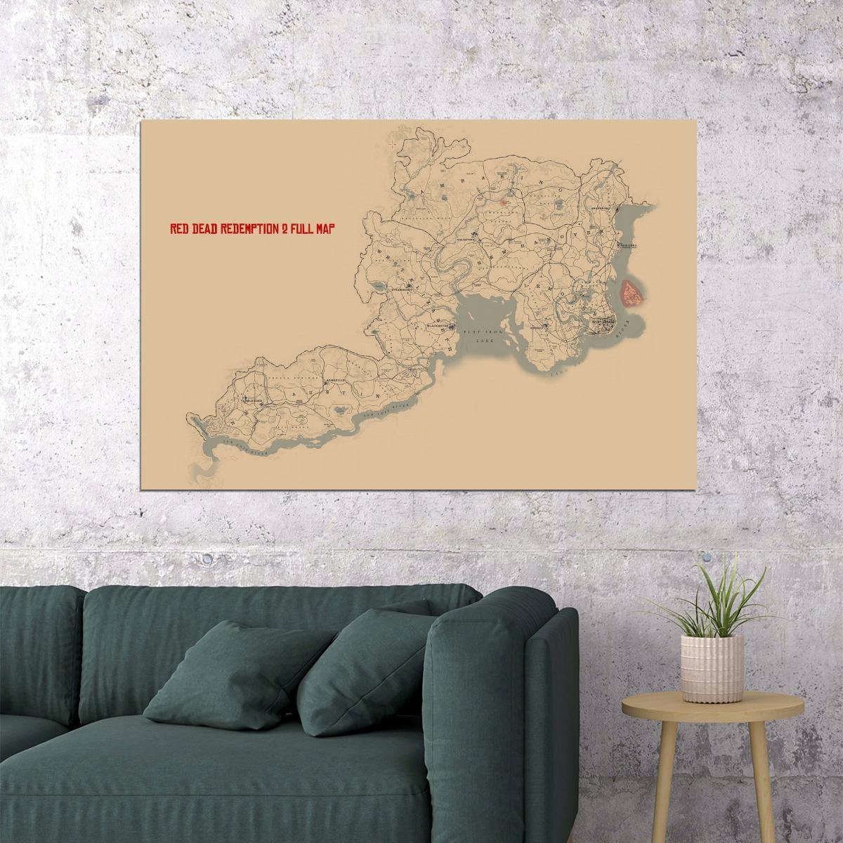Red Dead Redemption 2 Map Poster American Frontier 1899 Print Western Video Game Wall Art Cowboy Decor