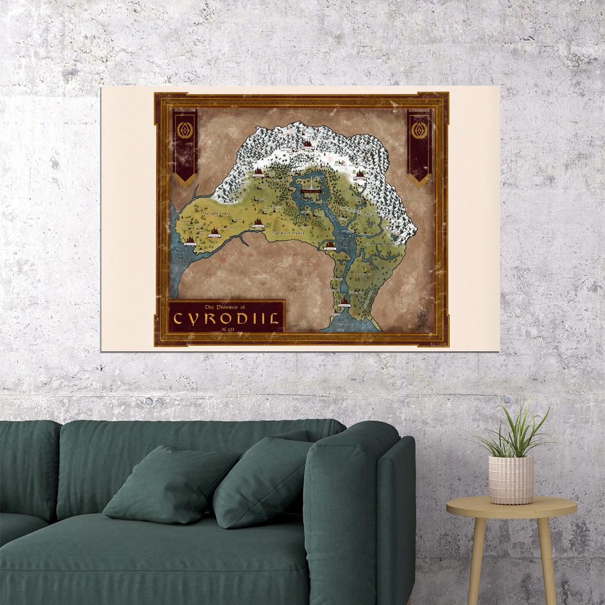 The Elder Scrolls Poster Cyrodiil Map Print Fantasy RPG Video Game Wall Art Open World Gamer Decor