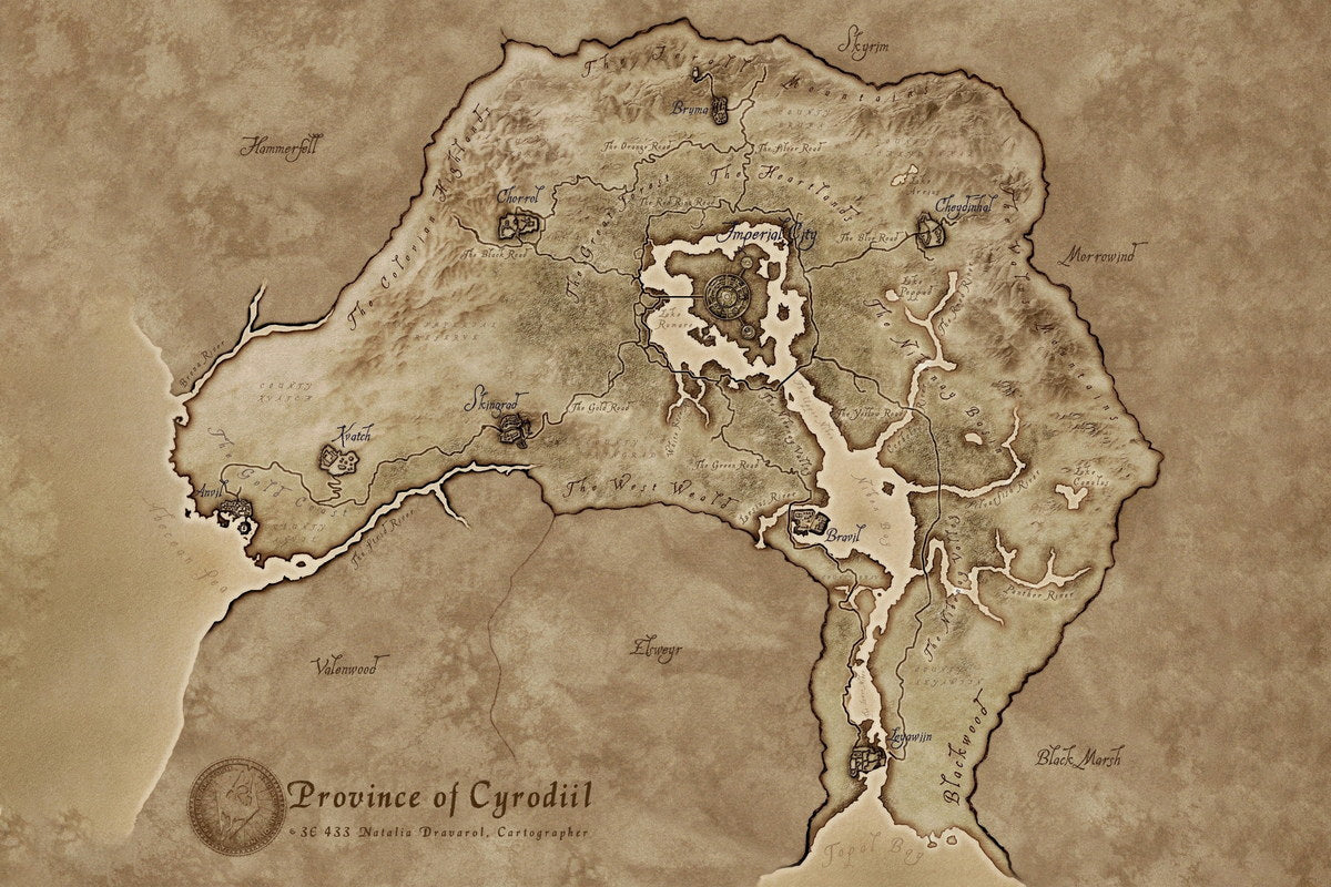 The Elder Scrolls Video Game Poster Cyrodiil Map Print RPG Fantasy Gamer Wall Art Open World Decor