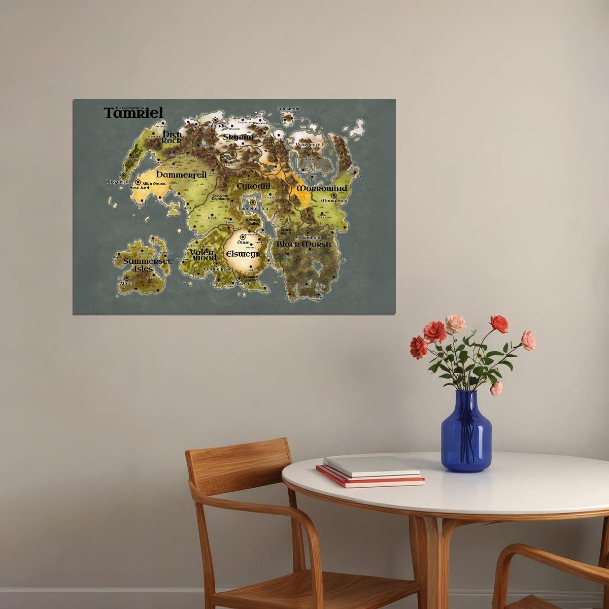The Elder Scrolls Poster Tamriel World Map Print RPG Fantasy Gamer Wall Art Open World Decor