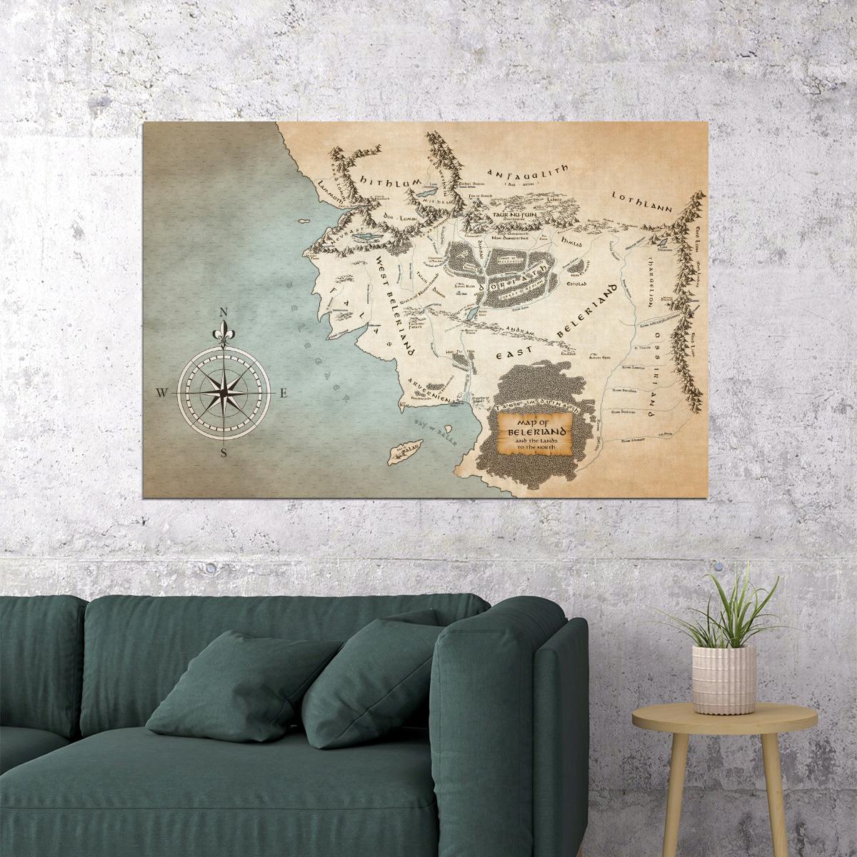 Lord of the Rings The Silmarillion Map Poster Beleriand Region Print Fantasy Book Wall Art Tolkien Inspired Decor