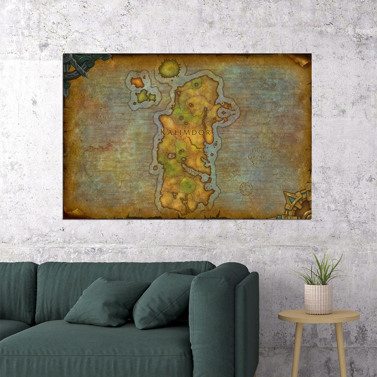 World of Warcraft Poster Kalimdor Map Print Fantasy RPG Wall Art MMO Gaming Decor