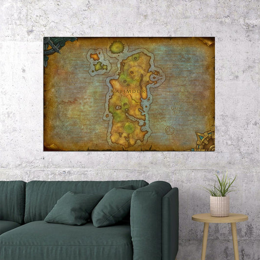 World of Warcraft Poster Kalimdor Map Print Fantasy RPG Wall Art MMO Gaming Decor - xonomax