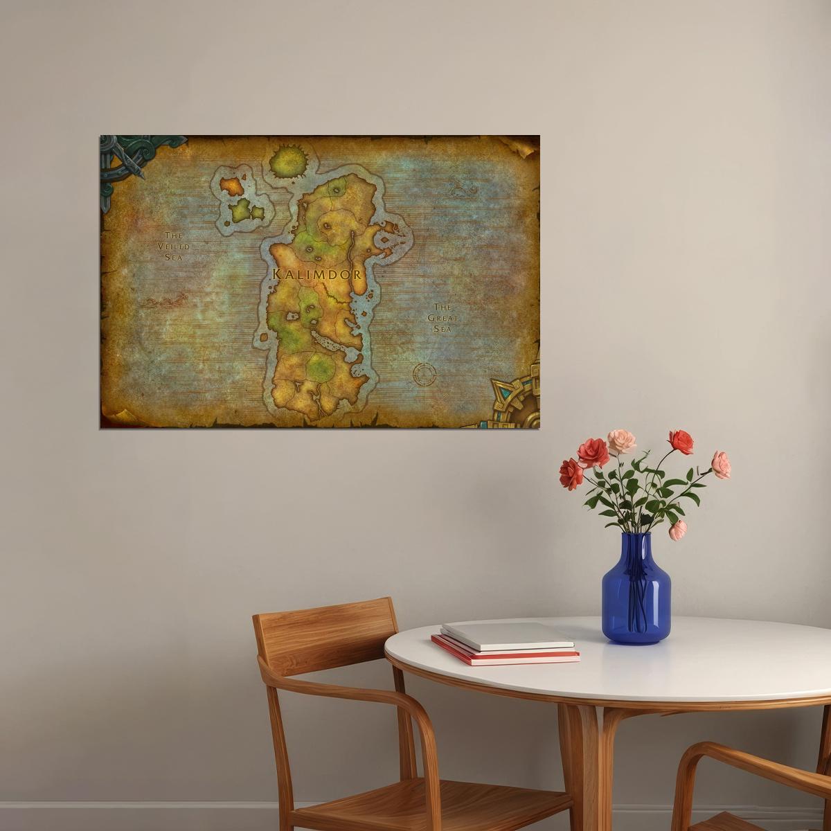 World of Warcraft Poster Kalimdor Map Print Fantasy RPG Wall Art MMO Gaming Decor