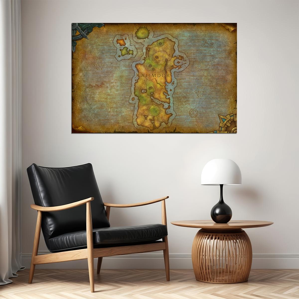 World of Warcraft Poster Kalimdor Map Print Fantasy RPG Wall Art MMO Gaming Decor