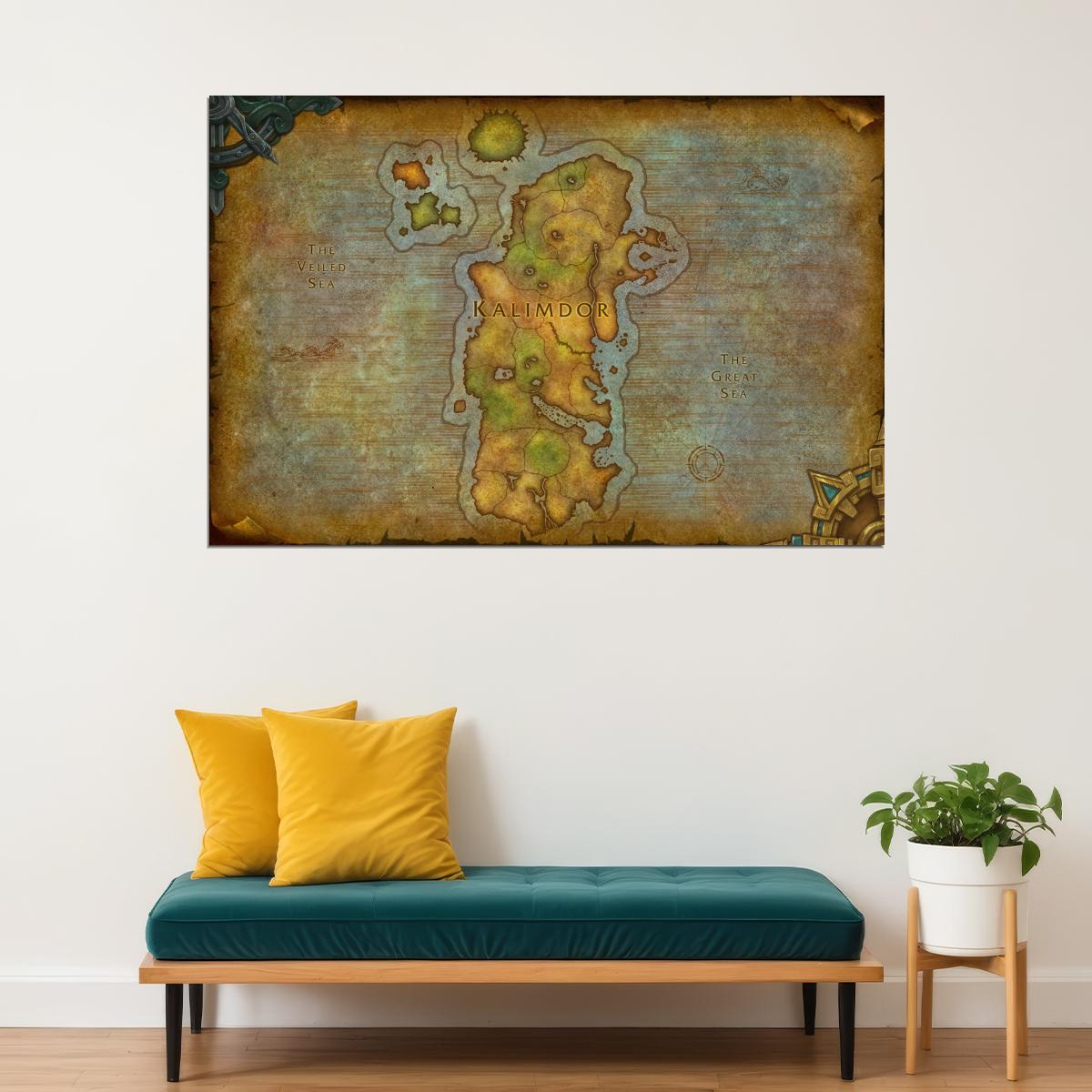 World of Warcraft Poster Kalimdor Map Print Fantasy RPG Wall Art MMO Gaming Decor