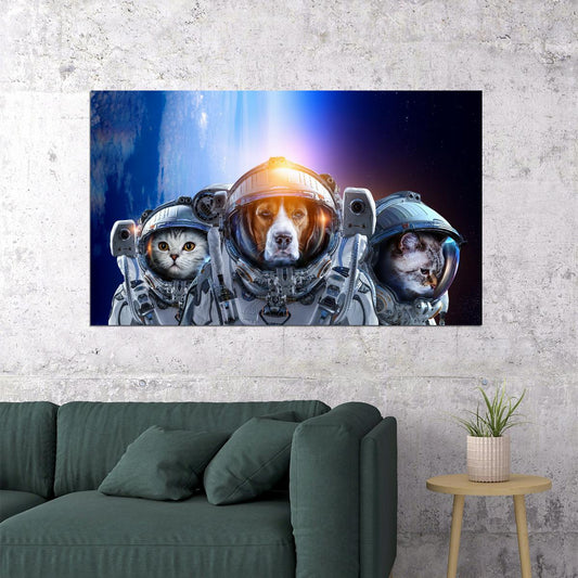 Three Astronaut Pets Two Cats And Dog Explore Space Animal Art Poster - xonomax