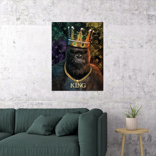 King of the Jungle: A Gorilla Wearing a Crown and Chain Animal Art Poster - xonomax