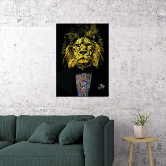 The Golden Lion A Regal and Sophisticated Creature in Black Tie Animal Art Poster - xonomax