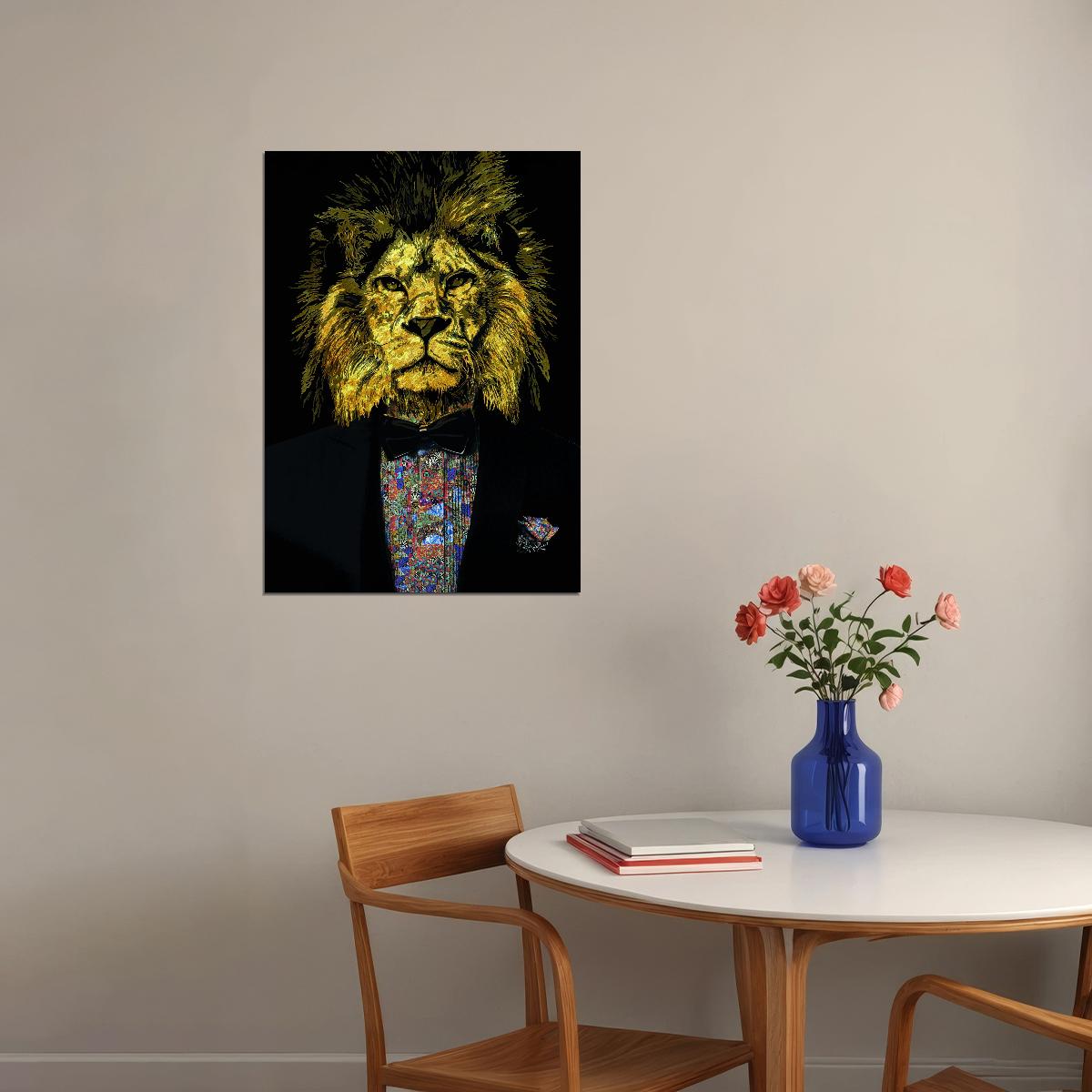 The Golden Lion A Regal and Sophisticated Creature in Black Tie Animal Art Poster - xonomax