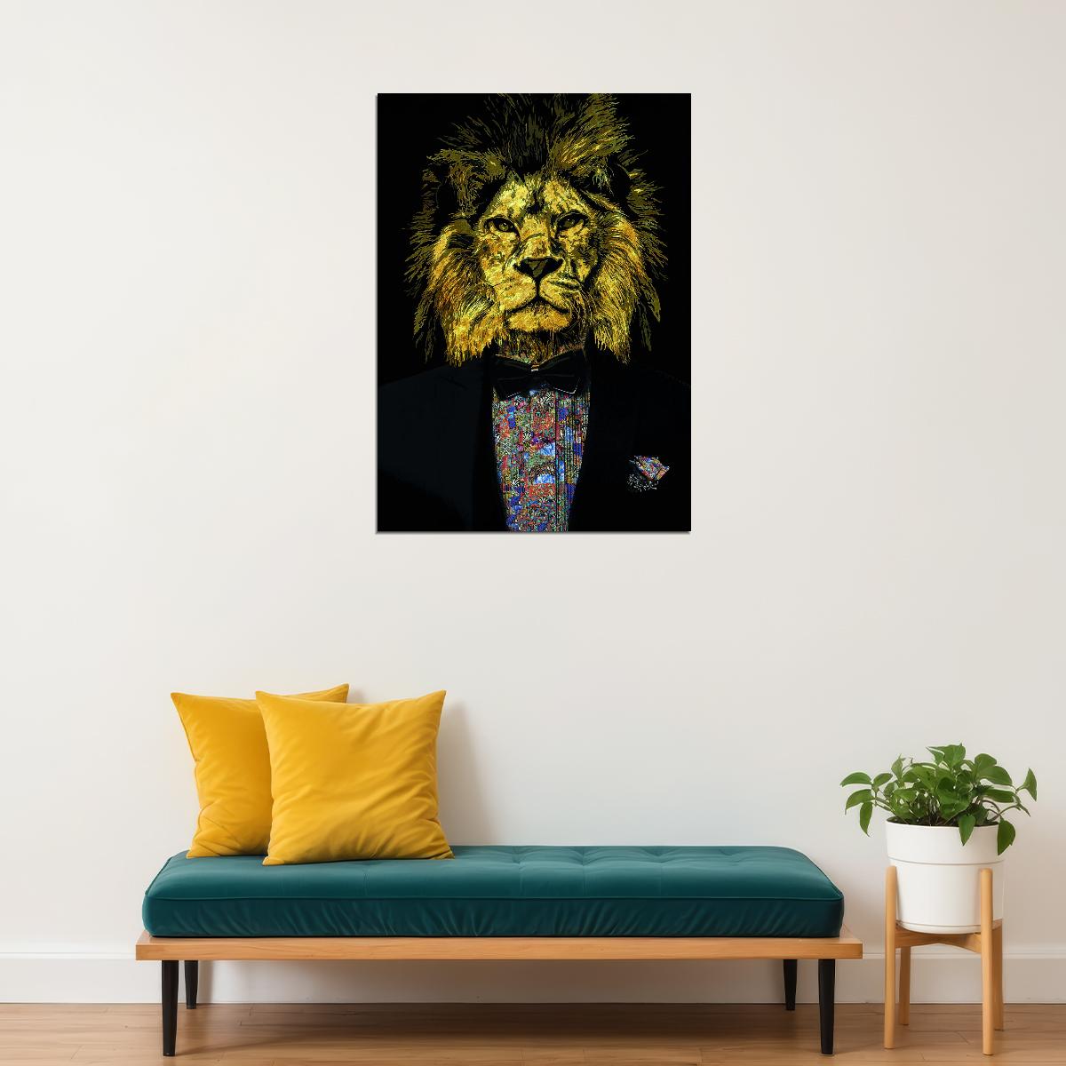 The Golden Lion A Regal and Sophisticated Creature in Black Tie Animal Art Poster - xonomax