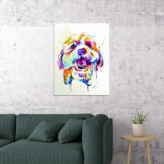 Smiling and Fluffy Dog Portrait in Watercolor Technique Animal Pop Art Poster - xonomax