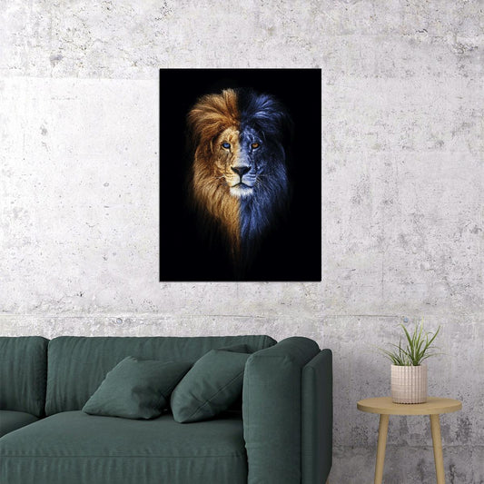 Two Sides of the Same Coin: A Lion's Journey from Darkness to Light Animal Pop Art Poster - xonomax