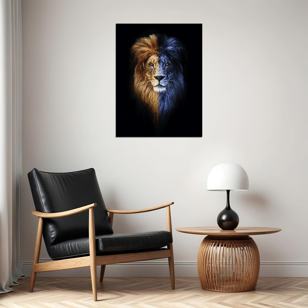 Two Sides of the Same Coin: A Lion's Journey from Darkness to Light Animal Pop Art Poster - xonomax
