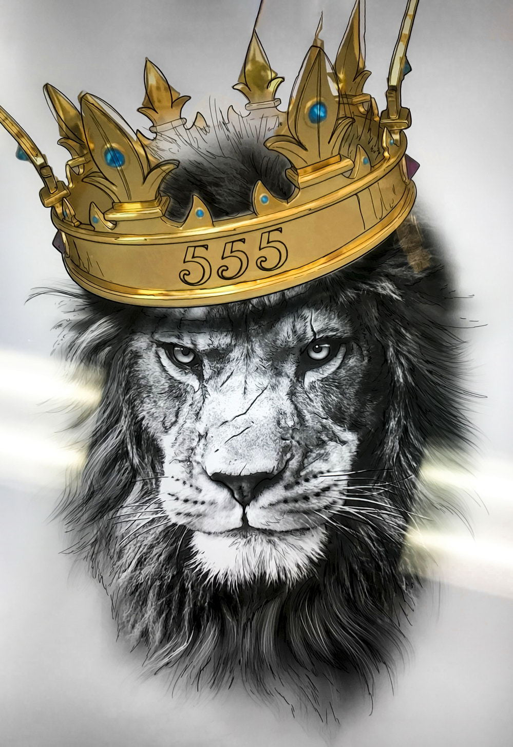 A Regal and Majestic Lion in Black and White with Golden Crown Animal Art Poster - xonomax