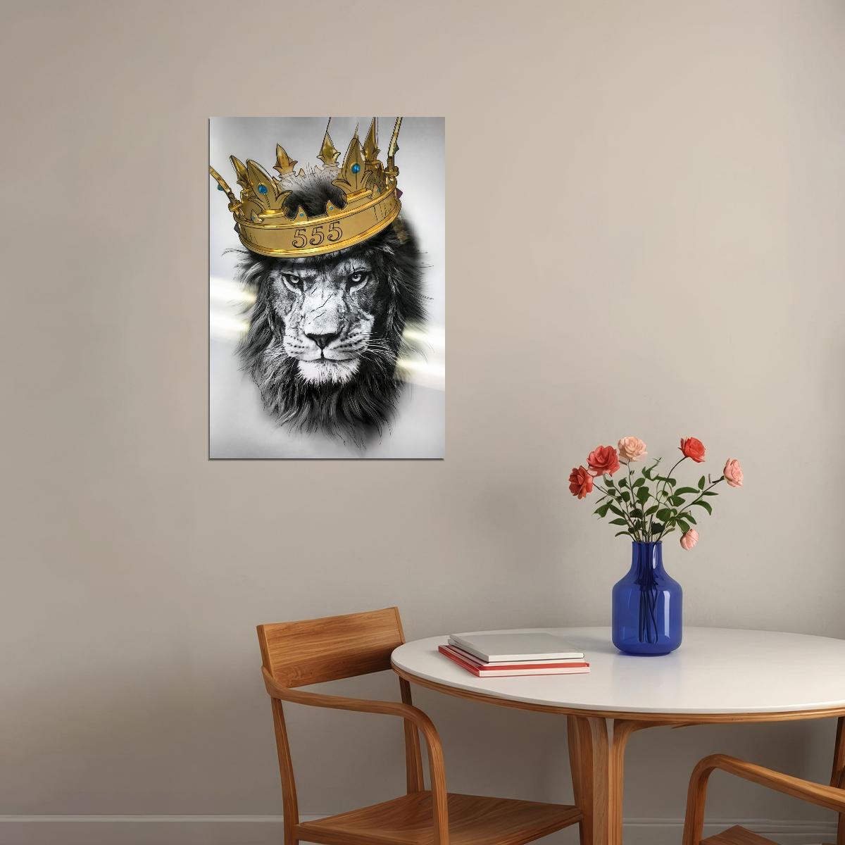 A Regal and Majestic Lion in Black and White with Golden Crown Animal Art Poster - xonomax