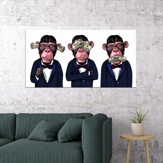 The Cost of Silence: Three Monkeys Turn a Blind Eye to Corruption Animal Art Poster - xonomax
