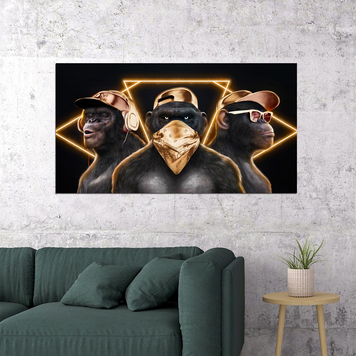 Gold Monkeys Hip Hop Rappers Headphones Caps Snapbacks And Glasses Animal Pop Art Poster - xonomax