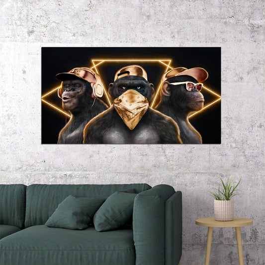 Gold Monkeys Hip Hop Rappers Headphones Caps Snapbacks And Glasses Animal Pop Art Poster - xonomax