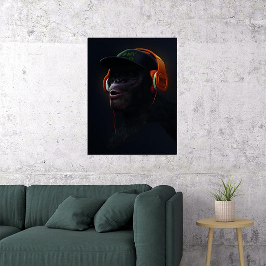 The Monkey in the Orange Cap with Рeadphones Animal Art Poster - xonomax