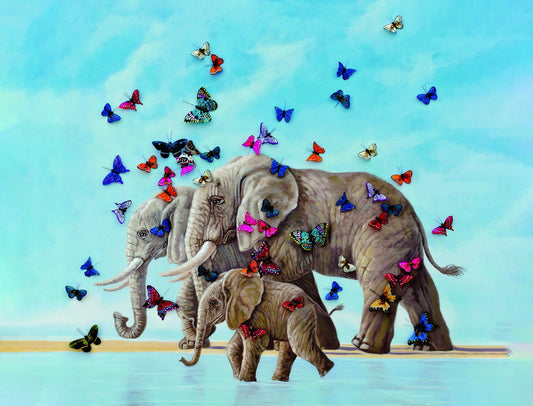 Elephants Family With Butterflies Walks On The Sand At Sea Animal Art Poster - xonomax