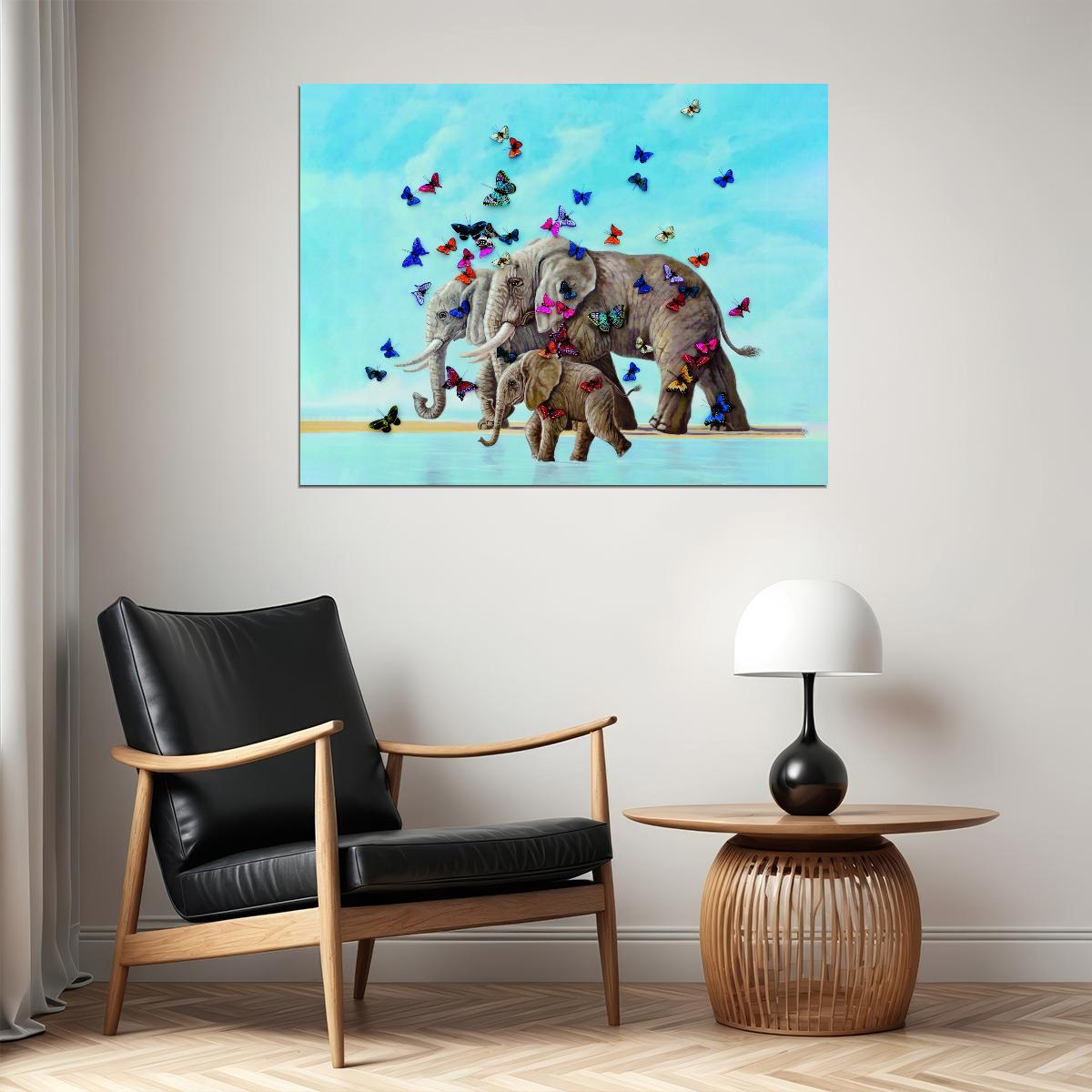 Elephants Family With Butterflies Walks On The Sand At Sea Animal Art Poster - xonomax