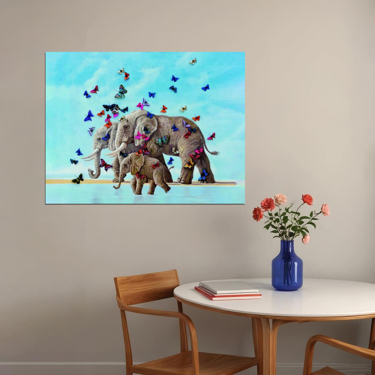 Elephants Family With Butterflies Walks On The Sand At Sea Animal Art Poster - xonomax