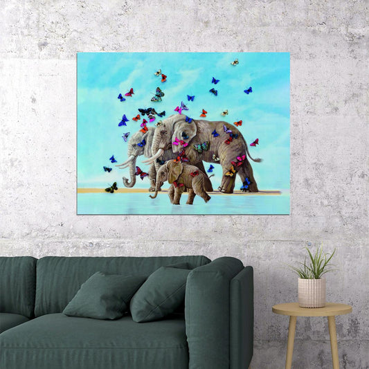 Elephants Family With Butterflies Walks On The Sand At Sea Animal Art Poster - xonomax